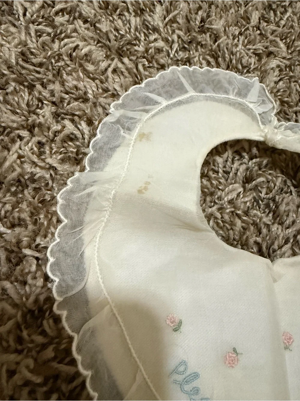 Delicate Cream Baby Bib with Pink Rose Embroidery